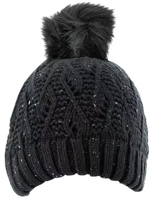 Dents Women's Lace Knit Hat With Faux Fur Pom Pom In Black