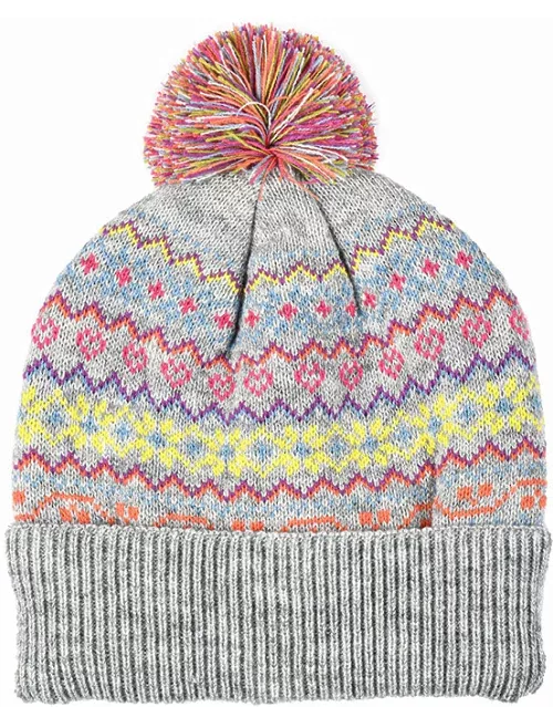 Dents Women'S Neon Fair Isle Knitted Hat With Pom Pom In Dove Grey