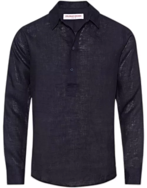 Percy - Dark Navy Classic Collar Overhead Linen Shirt