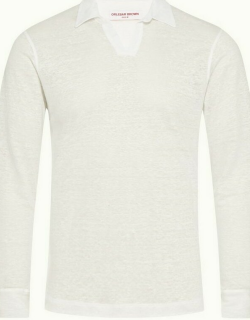 Felix - Sea Mist Tailored Fit Long-Sleeve Resort Collar Linen Polo Shirt