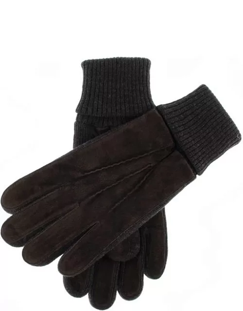Dents Men's Fleece Lined Suede Gloves With Knitted Cuffs In Brown/charcoa