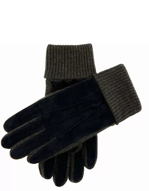 Dents Men's Fleece Lined Suede Gloves With Knitted Cuffs In Navy/charcoa
