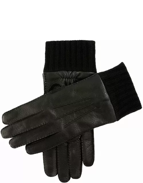 Dents Men's Handsewn Cashmere Lined Deerskin Leather Gloves With Knitted Cashmere Cuffs In Black/black
