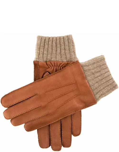 Dents Men's Handsewn Cashmere Lined Deerskin Leather Gloves With Knitted Cashmere Cuffs In Havana/beige