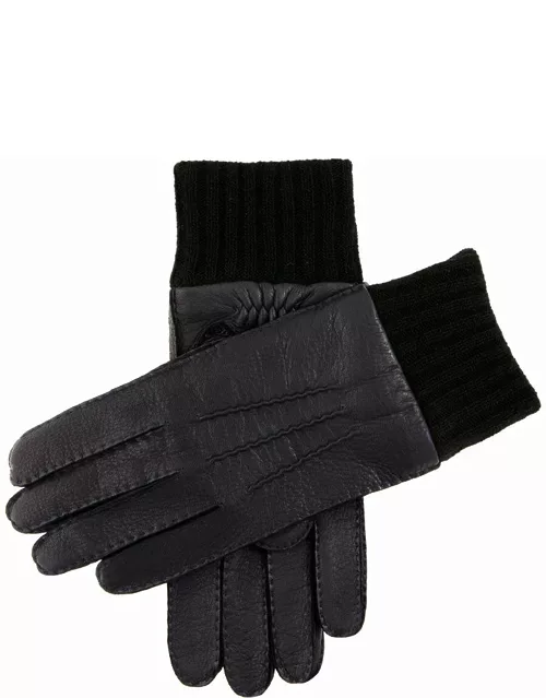 Dents Men's Handsewn Cashmere Lined Deerskin Leather Gloves With Knitted Cashmere Cuffs In Navy/black