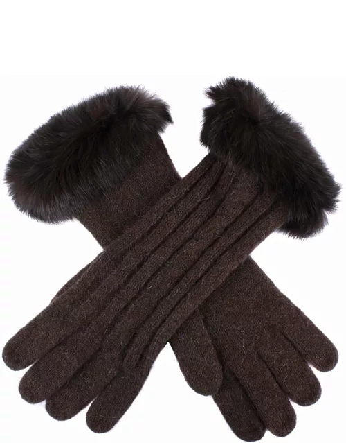 Dents Women's Cable Knit Gloves With Fur Cuffs In Chocolate