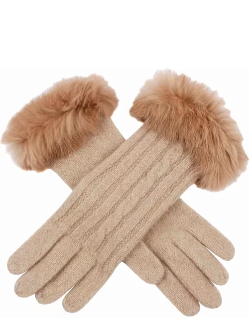Dents Women's Cable Knit Gloves With Fur Cuffs In Oatmea