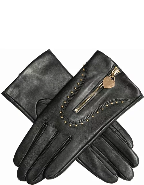 Dents Women's Studded Leather Gloves With Heart Pendant In Black