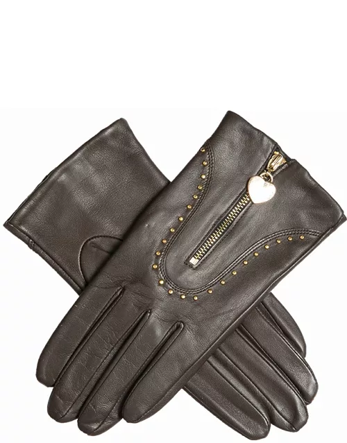 Dents Women's Studded Leather Gloves With Heart Pendant In Mocca