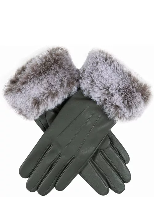 Dents Women'S Touchscreen Leather Gloves With Faux Fur Cuffs In Charcoa