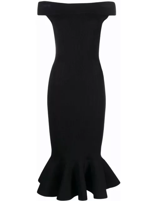 Black midi dress with open shoulders and ruffle