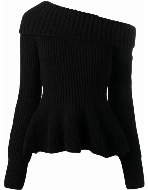 Black long-sleeved ribbed sweater with ruffle