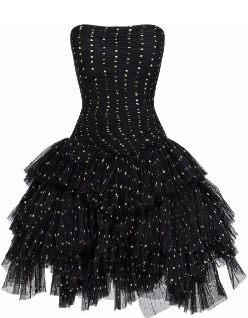 Black polka dot gold short strapless dress with tulle ruffles Straples