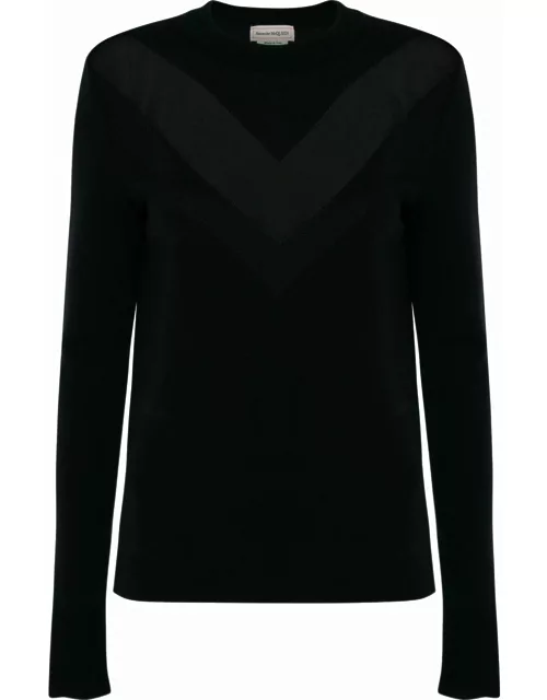 Black Chevron Crew Neck Sweater with Transparent Detai