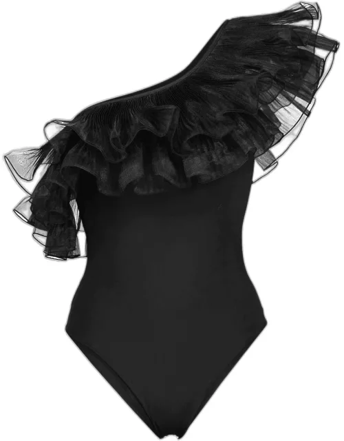 One-shoulder black one-piece swimsuit with ruffle