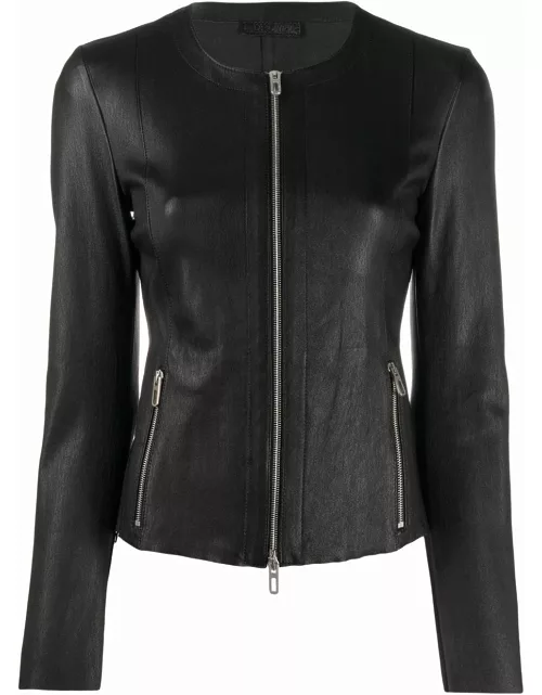 Black fitted leather jacket with zipper