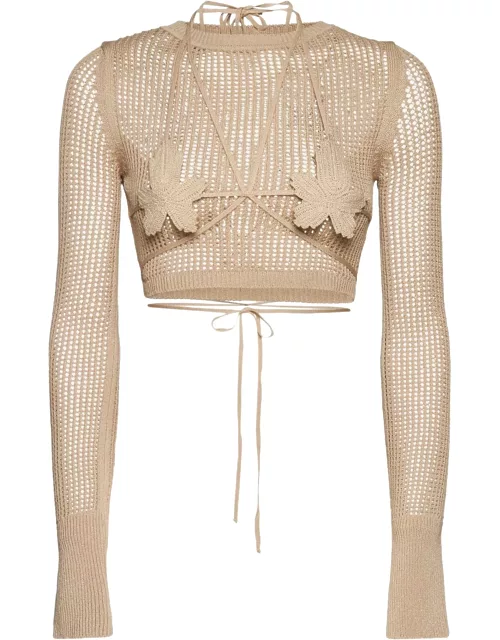 ANDREĀDAMO Fishnet Knit Crop Top With Cut-out And F
