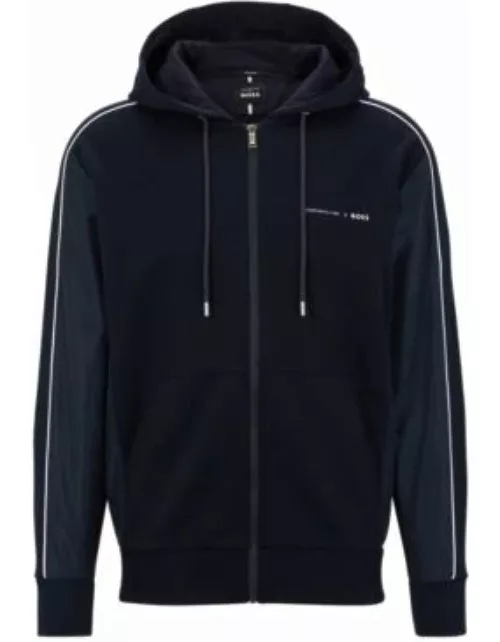 Porsche x BOSS cotton-blend zip-up hoodie with tonal mesh- Dark Blue Men's Tracksuit