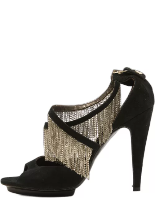 Roberto Cavalli Black Suede Chain Embellished Ankle Strap Sandal
