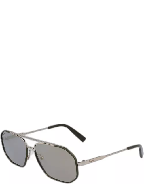 Men's Metal and Leather Navigator Sunglasse