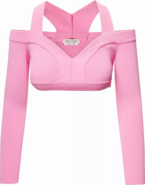 Alexander McQueen Pink Cropped Off-the Shoulder Top In Viscose Woman