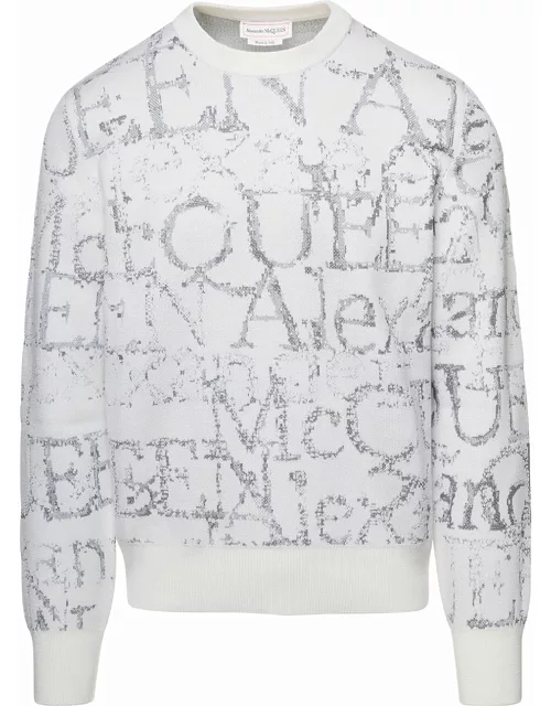 Alexander McQueen White Crewneck Sweatshirt With Logo Print Motif All-over In Wool Blend Man