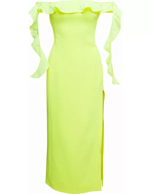David Koma Yellow Long Off-shoulder Dress With Ruches Detail In Acetate Woman