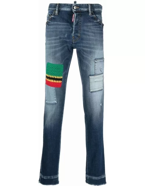 Blue slim jeans with patchwork detail