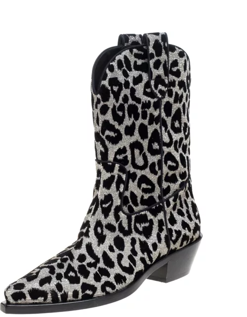 Dolce & Gabbana Black/Silver Animal Print Lurex and Velvet Cowboy Boot