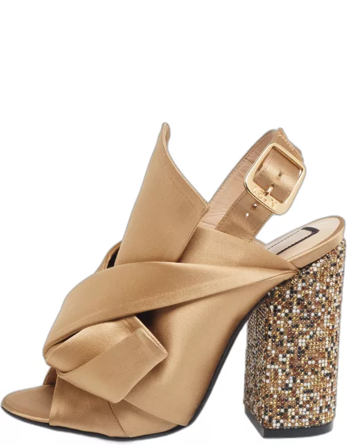 Nº21 Brown Satin Crystal Embellished Pleated Bow Ankle Strap Sandal