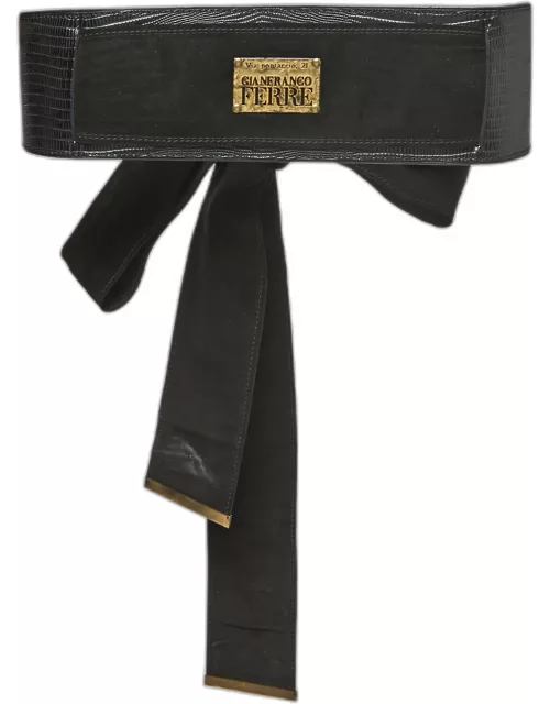 Gianfranco Ferre Black Leather and Lizard Logo Plague Wrap Belt