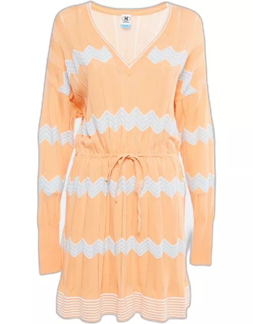 M Missoni Collection Orange Patterned Knit V-Neck Drawstring Dress