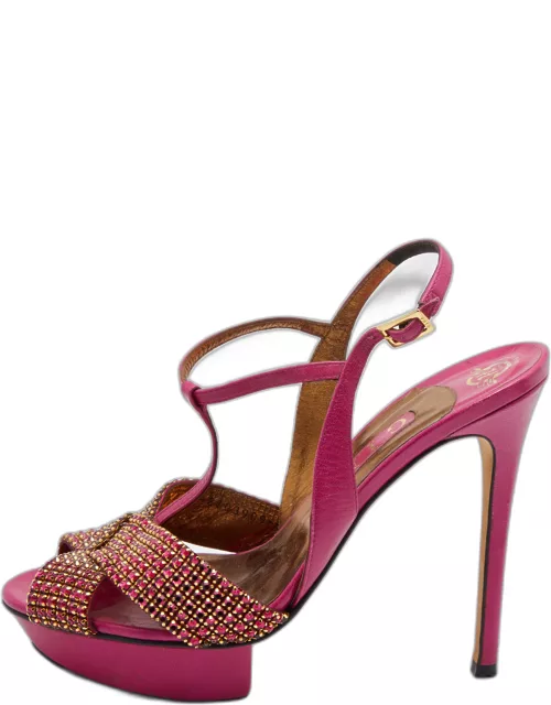 Gina Pink Leather Sheridan Crystal Embellished Platform T-Strap Sandal