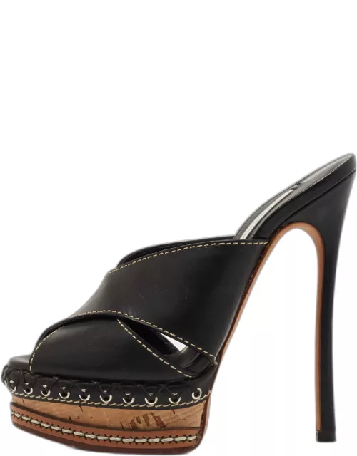 Casadei Black Leather Peep Toe Platform Slide Sandal