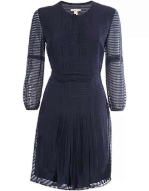 Burberry Brit Navy Blue Striped Wool & Silk Pleated Midi Dress