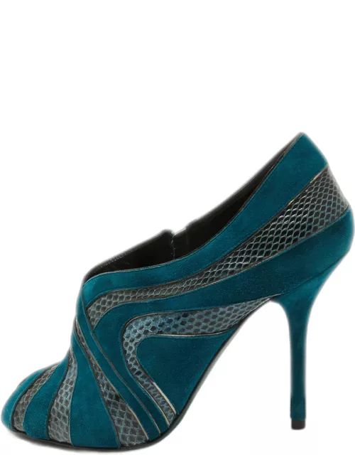 Dolce & Gabbana Teal Suede and Snakeskin Peep Toe Ankle Bootie