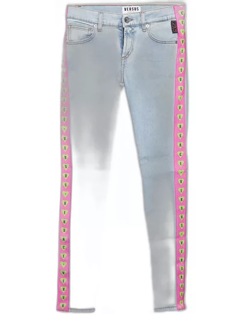 Versus Versace Blue Denim Logo Printed Side Strip Detail Slim Fit Jeans S Waist 28"
