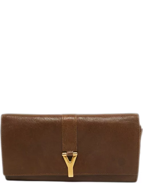 Yves Saint Laurent Brown Leather Y Line Flap Continental Wallet