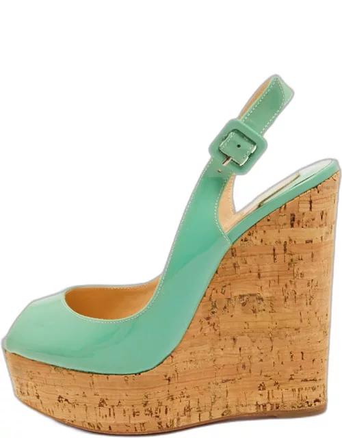 Christian Louboutin Green Patent Leather Une Plume Cork Wedge Sandal