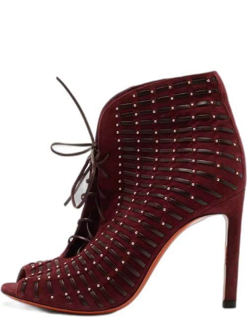 Santoni Burgundy Suede and Leather Peep Toe Lace Up Ankle Bootie