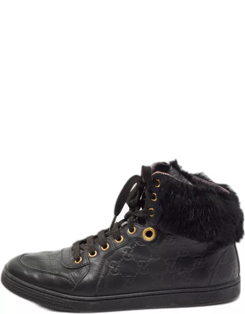 Gucci Black Guccissima Leather and Fur Trim Cada High Top Sneaker