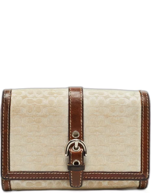 Coach Brown Signature Canvas and Leather Buckle Flap Wallet
