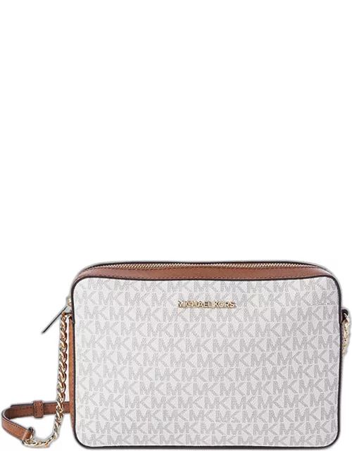 Michael Kors Brown/White Signature Coated Canvas and Leather Jet Crossbody Bag