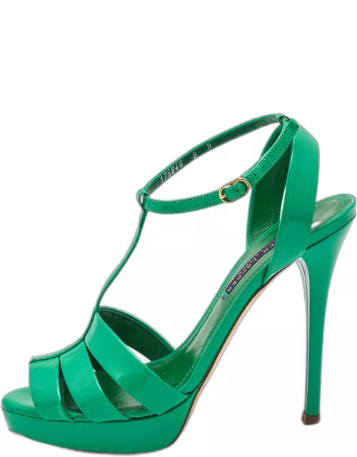 Ralph Lauren Collection Green Patent Leather T Strap Peep Toe Sandal