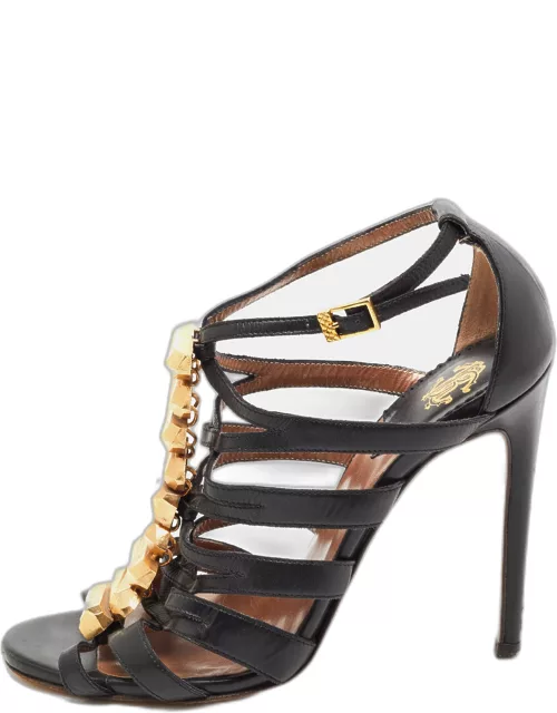 Roberto Cavalli Brown/Gold Leather Crystal Embellished Ankle Strap Sandal