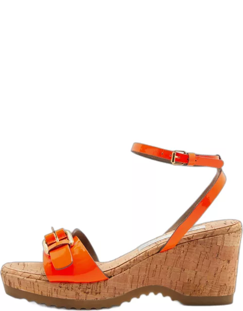 Stella McCartney Neon Orange Faux Patent Leather Cork Platform Wedge Ankle Strap Sandal
