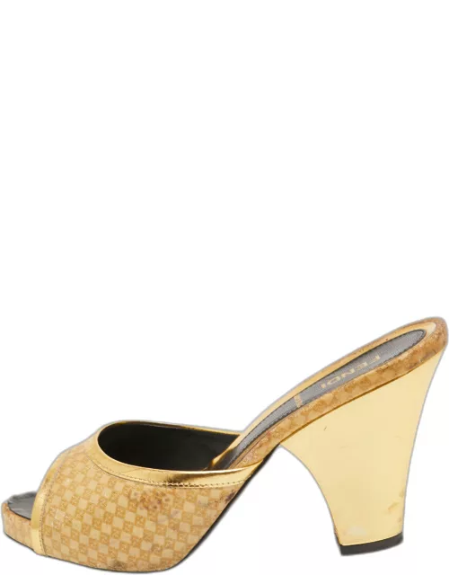Fendi Gold Leather and Printed Fabric Open Toe Sandal