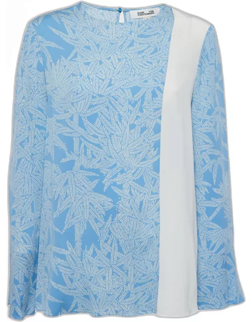 Diane Von Furstenberg Blue Printed Silk Contrast Top
