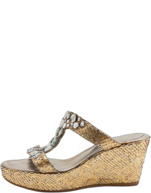 René Caovilla Gold Snakeskin Crystal Embellished Wedge Sandal