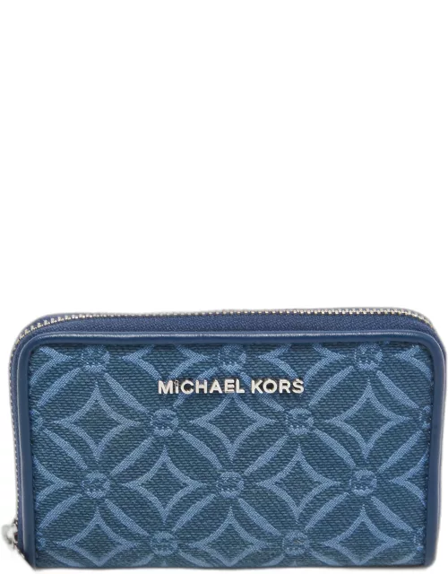 Michael Kors Blue Monogram Jacquard Canvas and Leather Zip Around Card Case